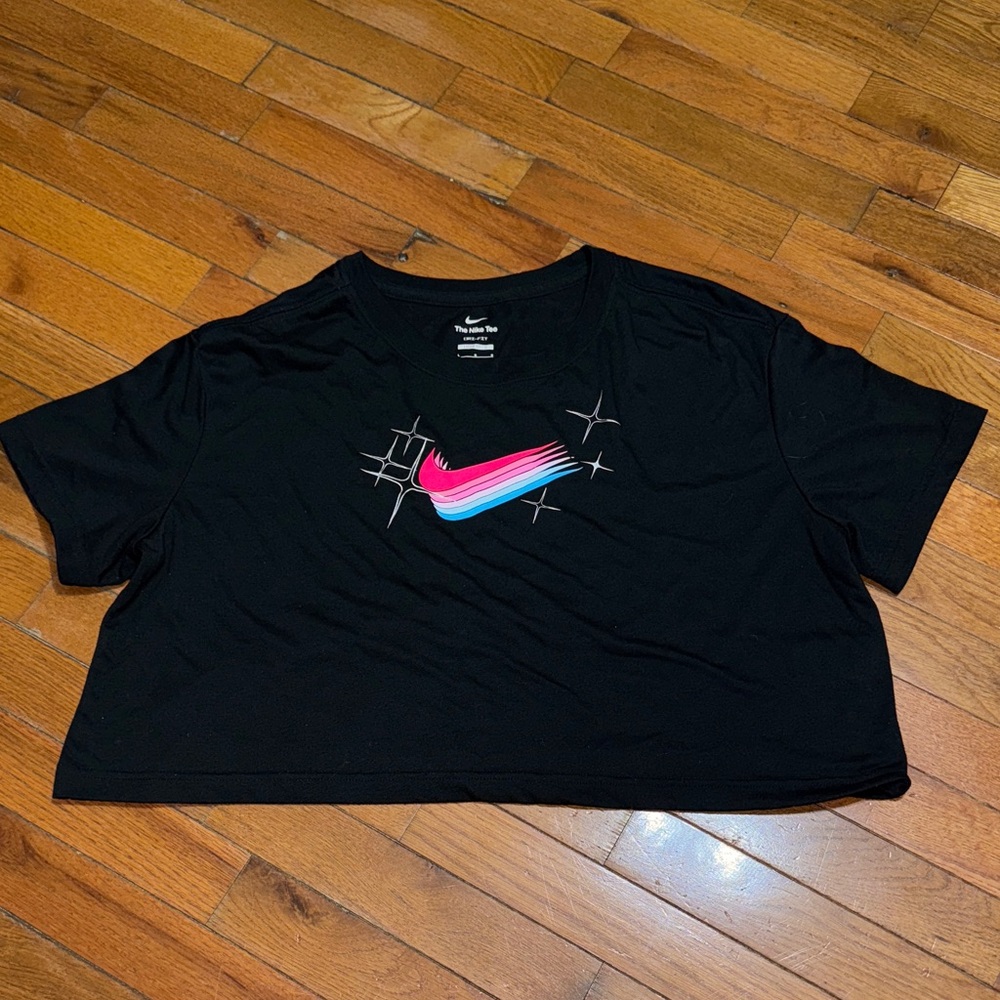 Nike Black Crop Top with Pink and Blue Swoosh